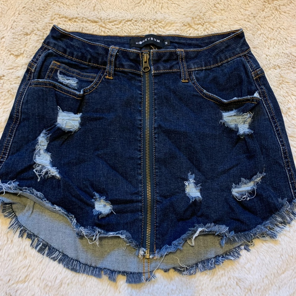 Honeybum Denim Mini Skirt With Front Zipper